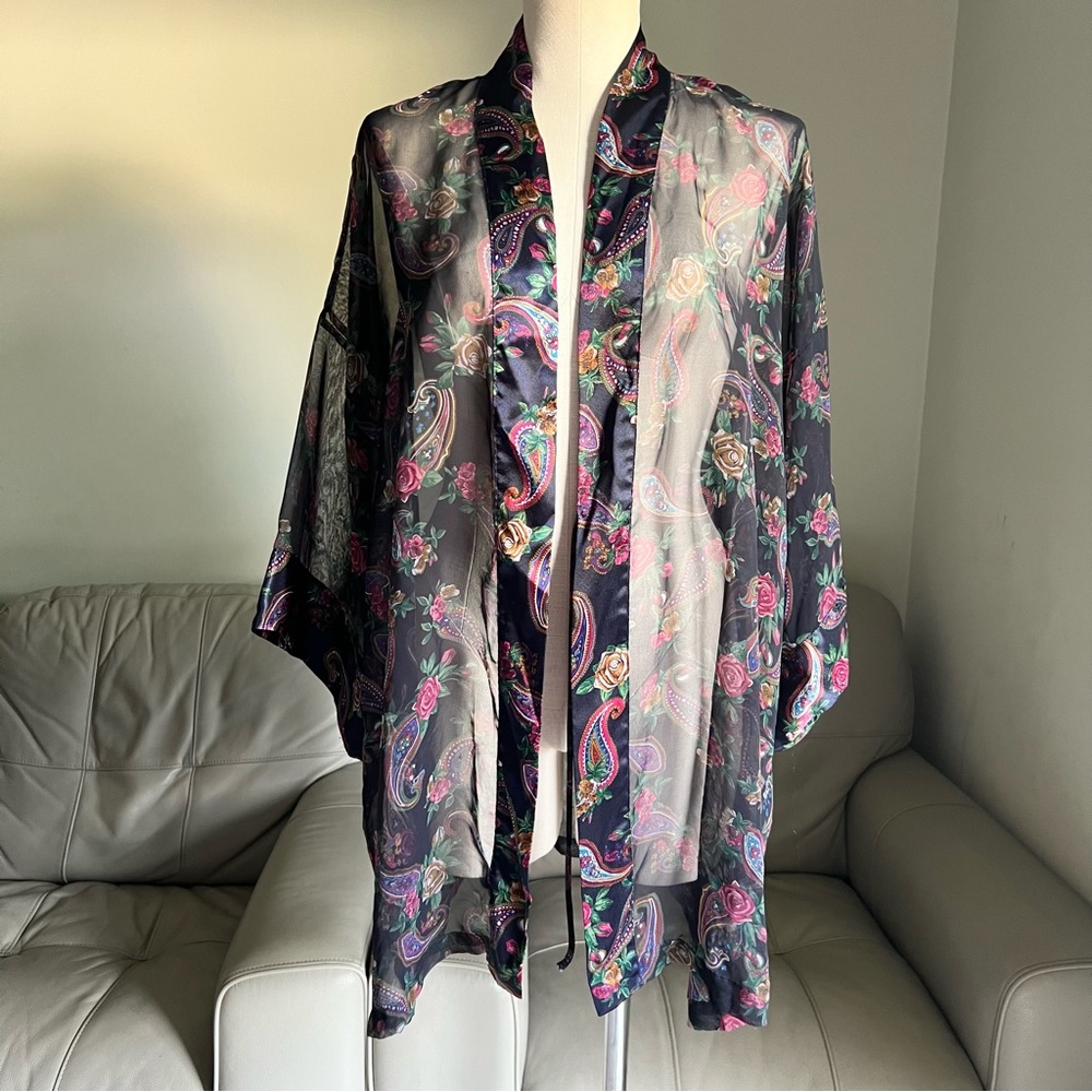 Vintage Victoria’s Secret Gold Label Robe Kimono Floral Paisley Blue Red OS Chic - Picture 15 of 16